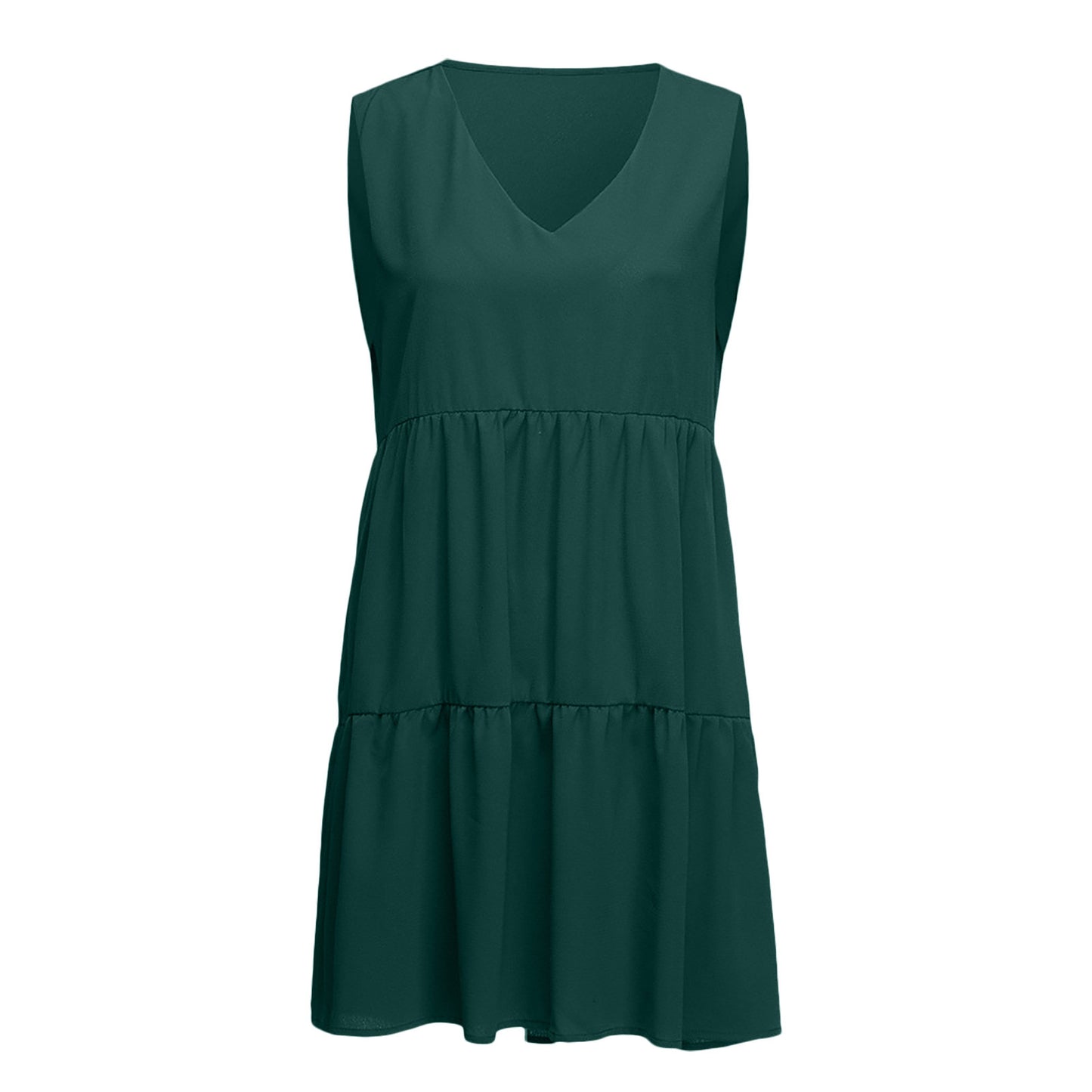 Womens Spaghetti Strap Dresses Sleeveless Dresses Pleated Waist Tiered Ruffle Hem Babydoll Dresses Summer Beach Dresses Solid Color round Neck Mini Dress Dark Blue XL