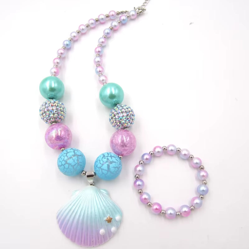 1Set/Lot NEW Child Girls Love Pink Shell Design Pendant with Chunky Bead Bubblegum Necklace Bracelet Jewelry Set for Kids Gift